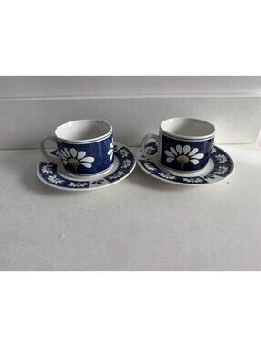 Oneida Kitchen Spring Daisy 2 Coffee Cups & Saucers Blue Floral Vintage Set Tea